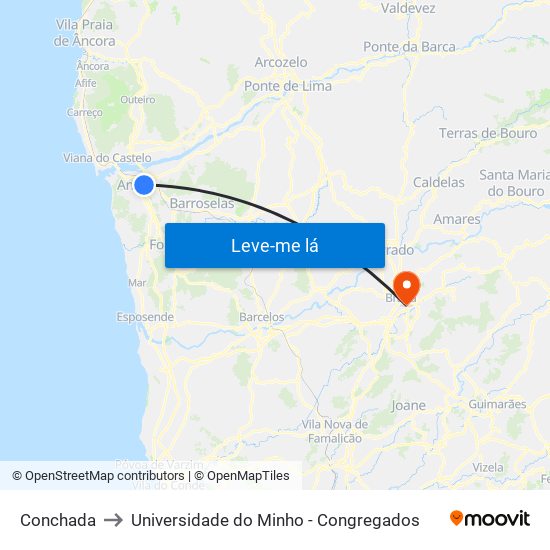 Conchada to Universidade do Minho - Congregados map