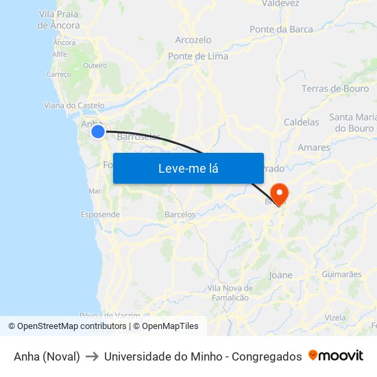 Anha (Noval) to Universidade do Minho - Congregados map