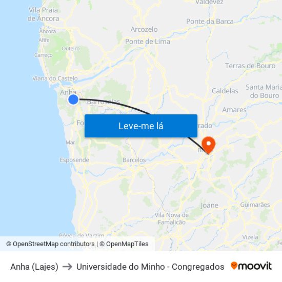 Anha (Lajes) to Universidade do Minho - Congregados map