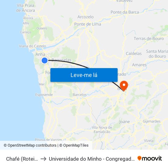 Chafé (Roteia) to Universidade do Minho - Congregados map