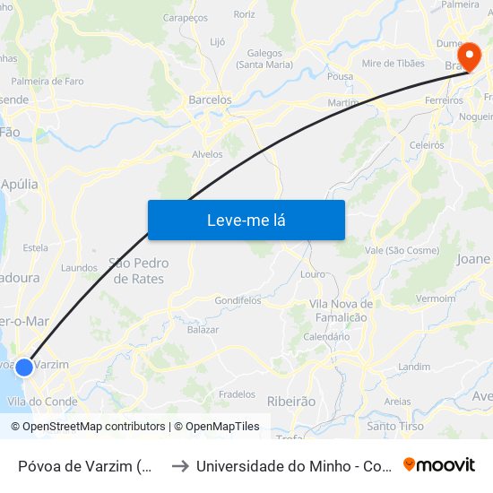 Póvoa de Varzim (Mercado) to Universidade do Minho - Congregados map