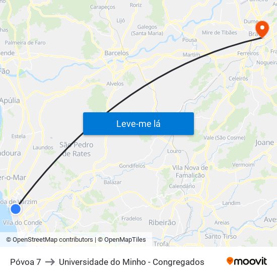 Póvoa 7 to Universidade do Minho - Congregados map