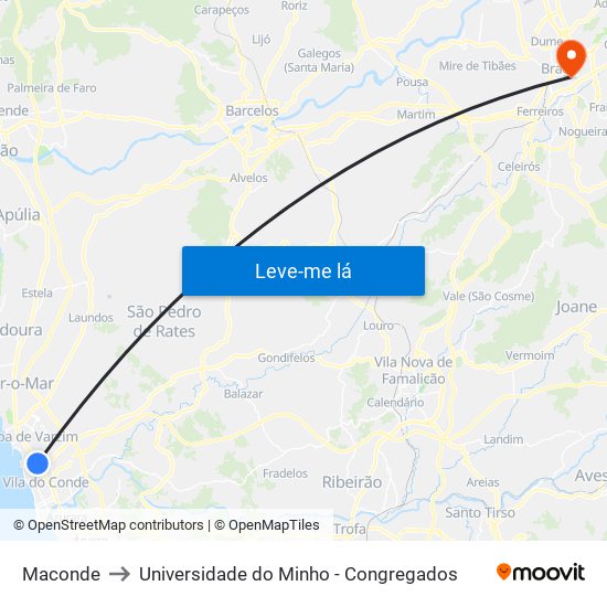 Maconde to Universidade do Minho - Congregados map