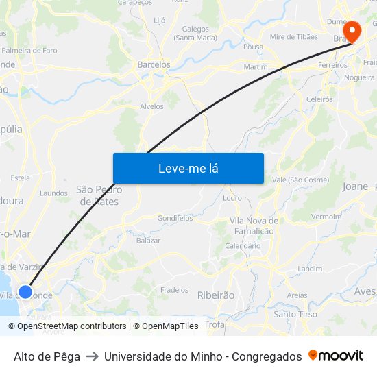 Alto de Pêga to Universidade do Minho - Congregados map