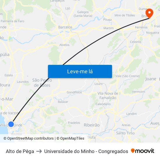 Alto de Pêga to Universidade do Minho - Congregados map