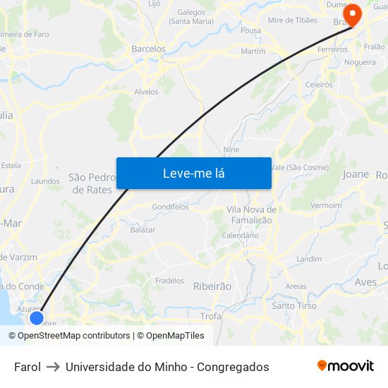 Farol to Universidade do Minho - Congregados map