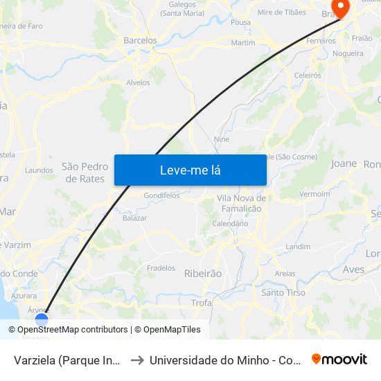 Varziela (Parque Industrial) to Universidade do Minho - Congregados map