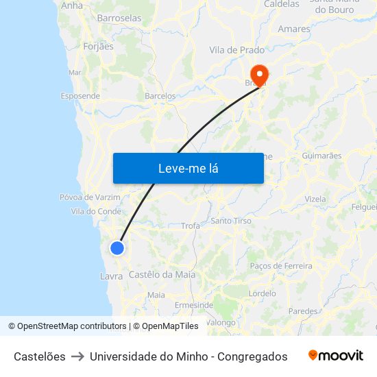 Castelões to Universidade do Minho - Congregados map