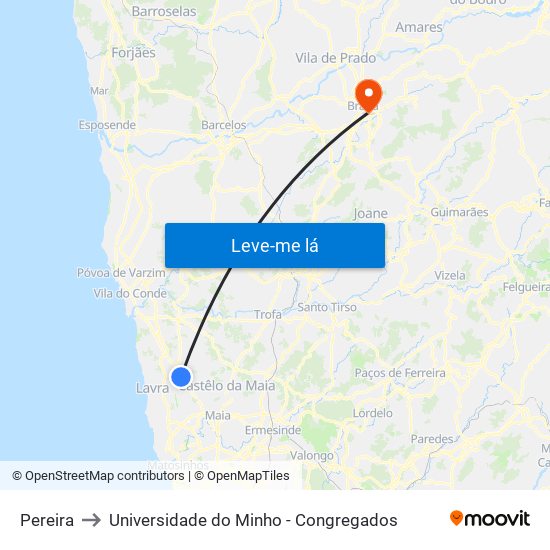 Pereira to Universidade do Minho - Congregados map