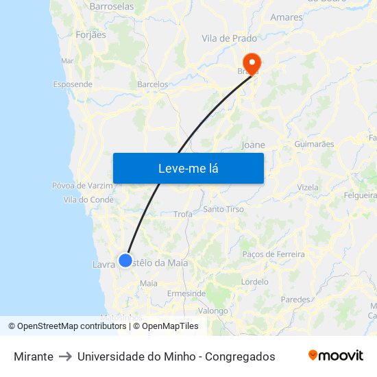 Mirante to Universidade do Minho - Congregados map