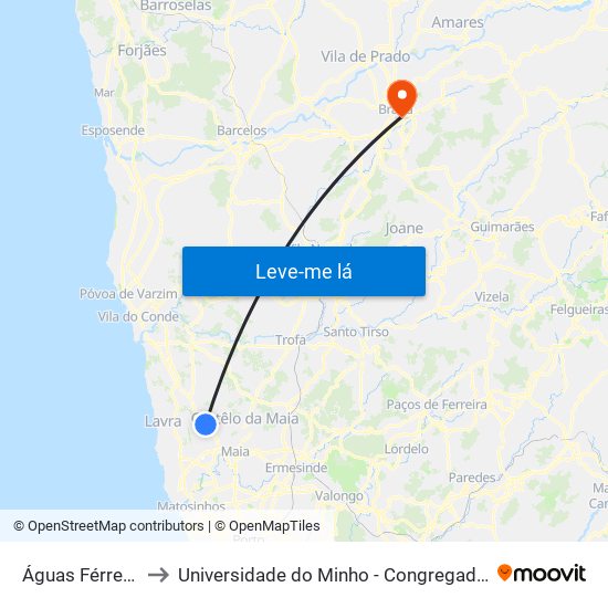 Águas Férreas to Universidade do Minho - Congregados map