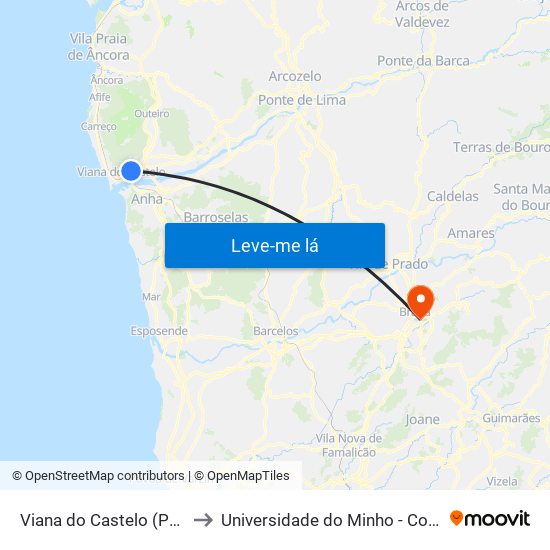 Viana do Castelo (Papanata) to Universidade do Minho - Congregados map