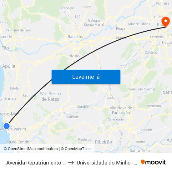 Avenida Repatriamento dos Poveiros to Universidade do Minho - Congregados map