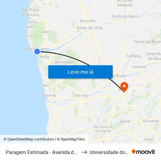 Paragem Estimada - Avenida dos Combatentes da Grande Guerra, 133 to Universidade do Minho - Congregados map