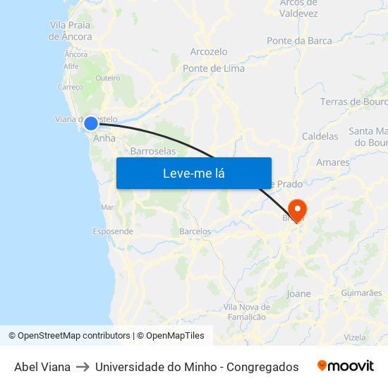 Abel Viana to Universidade do Minho - Congregados map