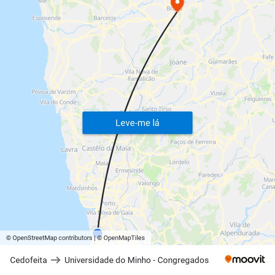 Cedofeita to Universidade do Minho - Congregados map