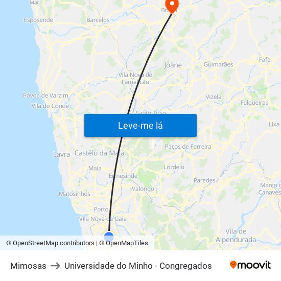 Mimosas to Universidade do Minho - Congregados map