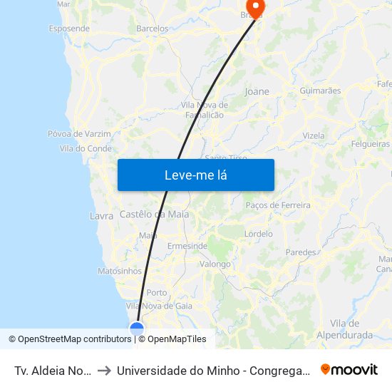 Tv. Aldeia Nova to Universidade do Minho - Congregados map