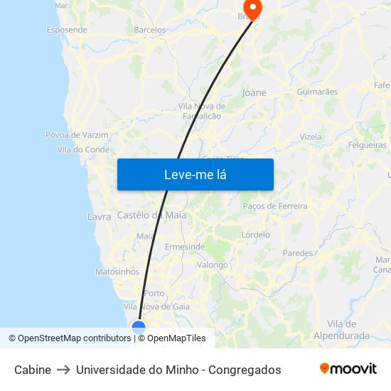 Cabine to Universidade do Minho - Congregados map