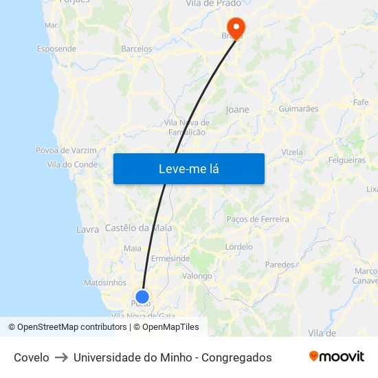 Covelo to Universidade do Minho - Congregados map