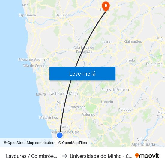 Lavouras / Coimbrões (Rotunda) to Universidade do Minho - Congregados map