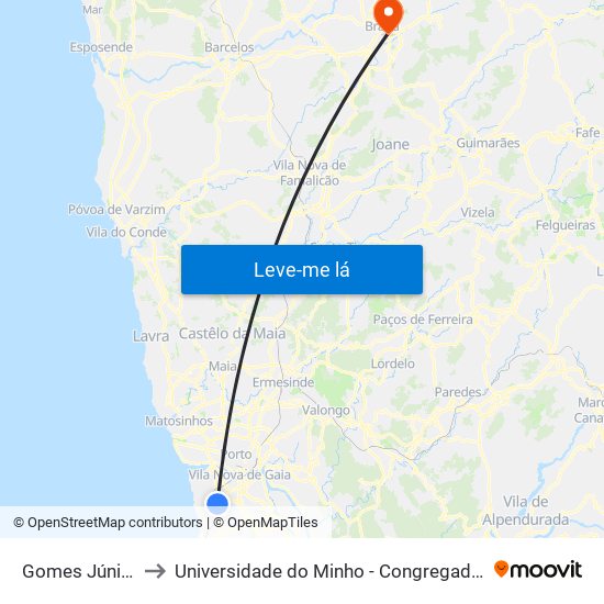 Gomes Júnior to Universidade do Minho - Congregados map