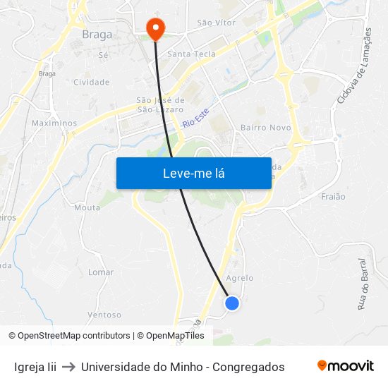 Igreja Iii to Universidade do Minho - Congregados map