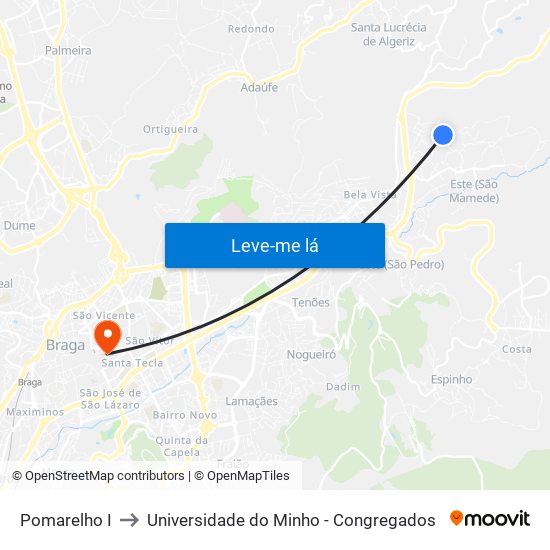 Pomarelho I to Universidade do Minho - Congregados map