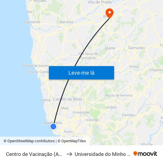 Centro de Vacinação (ADR Matosinhos) to Universidade do Minho - Congregados map
