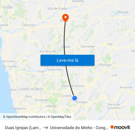 Duas Igrejas (Lameiras) to Universidade do Minho - Congregados map