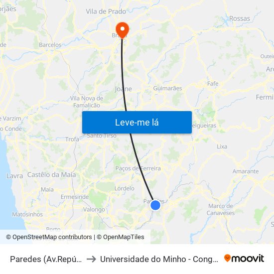 Paredes (Av.República) to Universidade do Minho - Congregados map