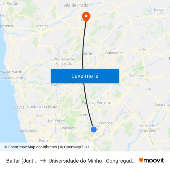 Baltar (Junta) to Universidade do Minho - Congregados map