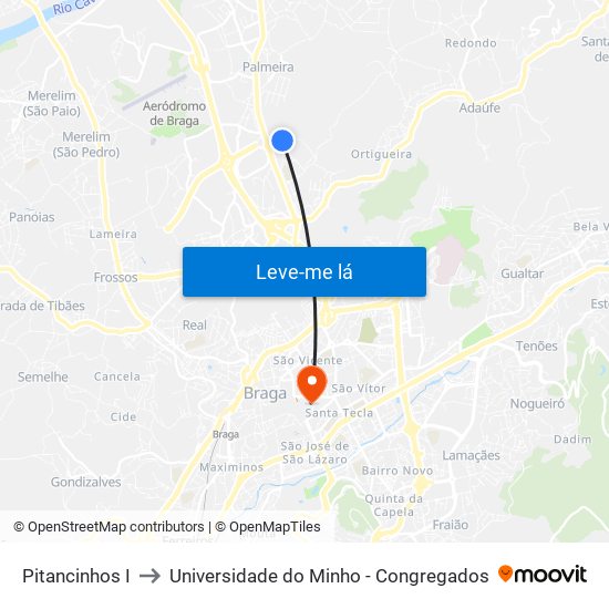 Pitancinhos I to Universidade do Minho - Congregados map