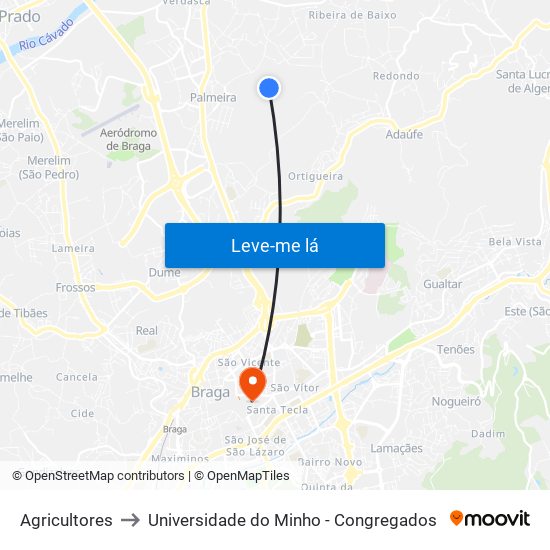 AGRICULTORES to Universidade do Minho - Congregados map