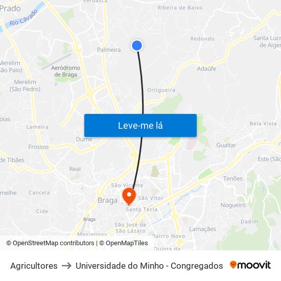 Agricultores to Universidade do Minho - Congregados map