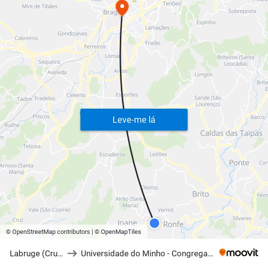 Labruge (Cruz.) to Universidade do Minho - Congregados map