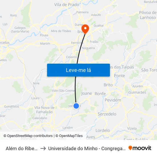 Além do Ribeiro to Universidade do Minho - Congregados map