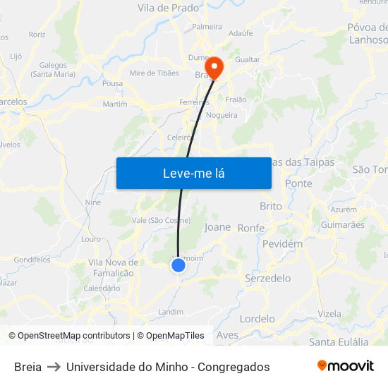 Breia to Universidade do Minho - Congregados map