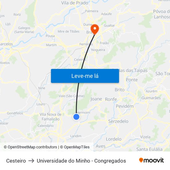 Cesteiro to Universidade do Minho - Congregados map