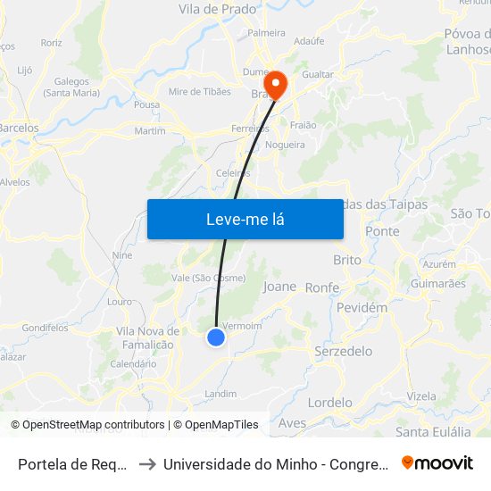 Portela de Requião to Universidade do Minho - Congregados map