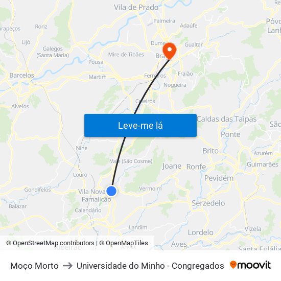 Moço Morto to Universidade do Minho - Congregados map