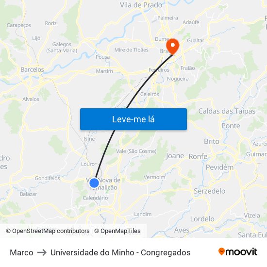 Marco to Universidade do Minho - Congregados map