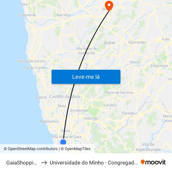 GaiaShopping to Universidade do Minho - Congregados map