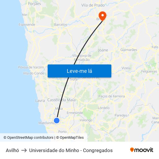 Avilhó to Universidade do Minho - Congregados map