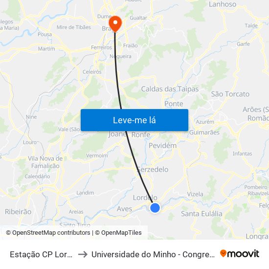 Estação CP Lordelo to Universidade do Minho - Congregados map