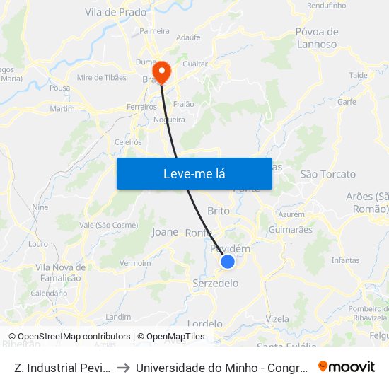 Z. Industrial Pevidém to Universidade do Minho - Congregados map