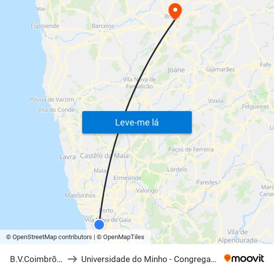 B.V.Coimbrões to Universidade do Minho - Congregados map