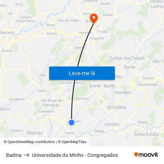 Badina to Universidade do Minho - Congregados map