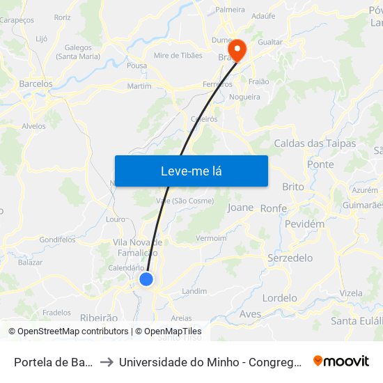 Portela de Baixo to Universidade do Minho - Congregados map