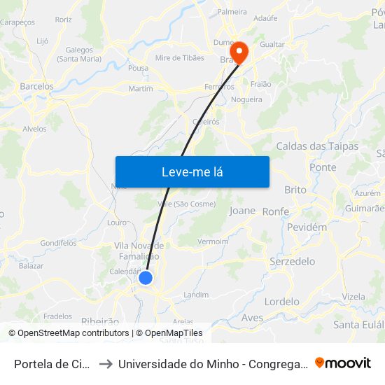 Portela de Cima to Universidade do Minho - Congregados map